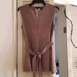 Theory top, belted, Small, beige/brown/black checkered pattern